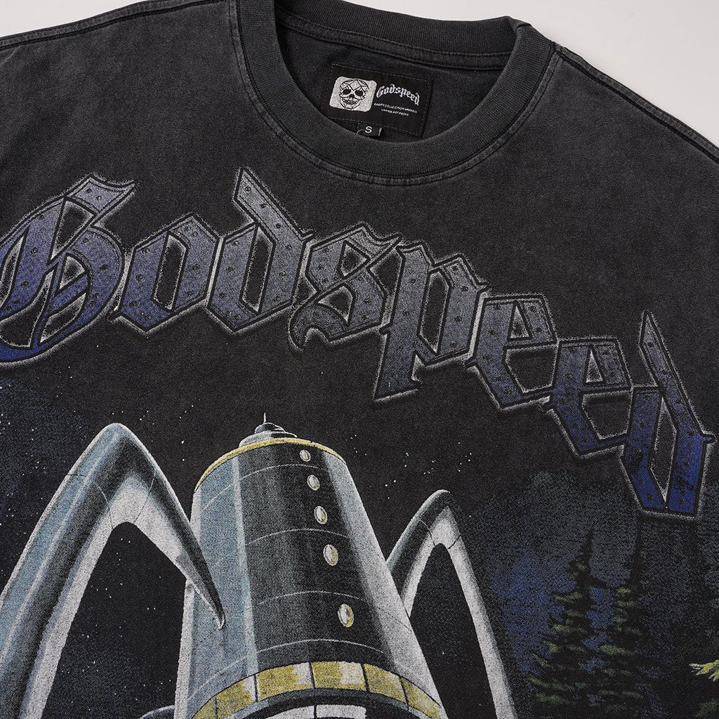 Godspeed Spaceship Graphic Washed Black T-Shirt